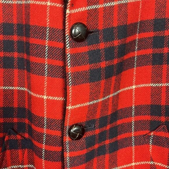 VINTAGE 50s Pendleton Tartan Plaid Faux Fur Collared Wool Car Coat red - Picture 2 of 14